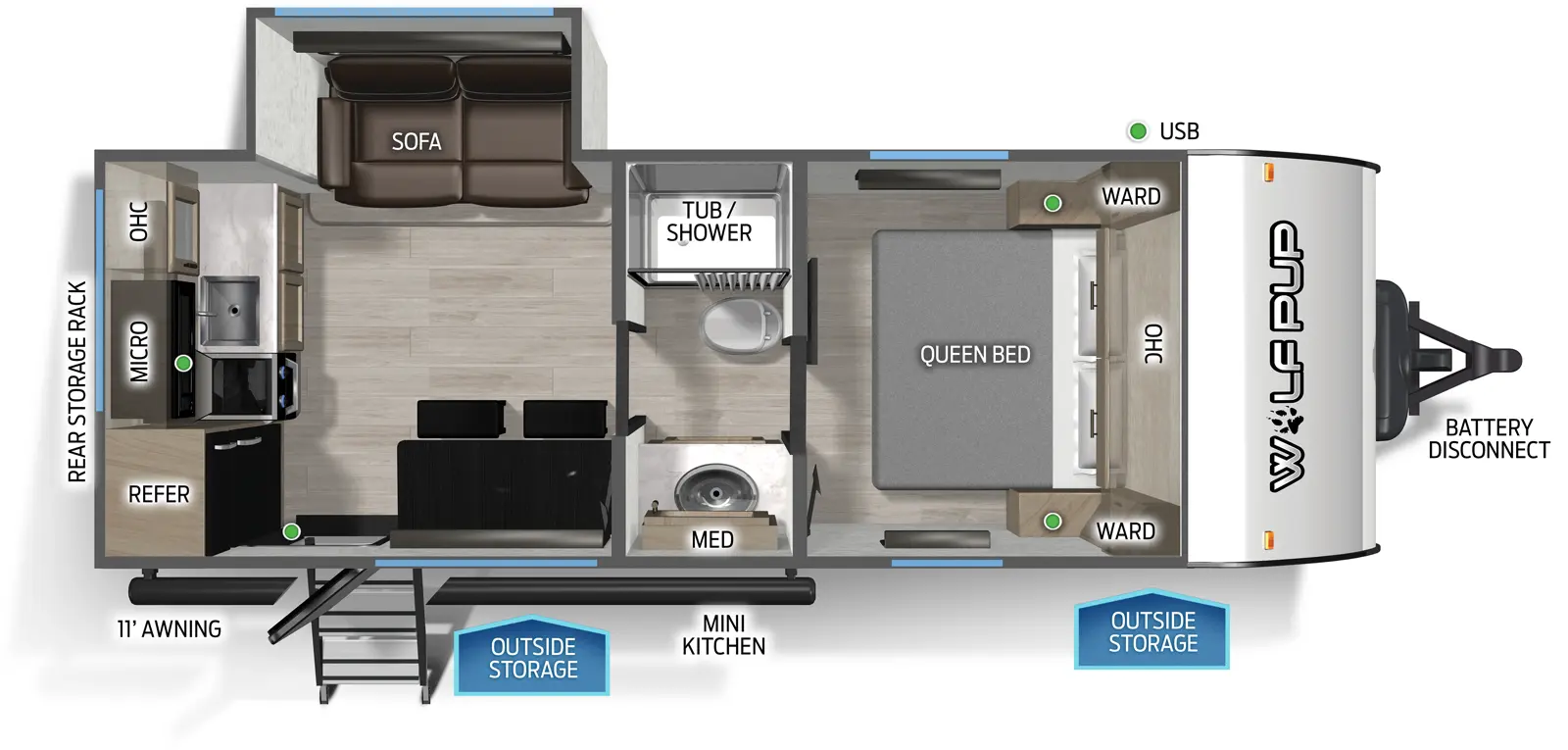 The Cherokee Black Label 17SCBL floorplan has one entry and one slide out. Exterior features include: fiberglass exterior. Interiors features include: rear kitchen, front bedroom and pass through bathroom.